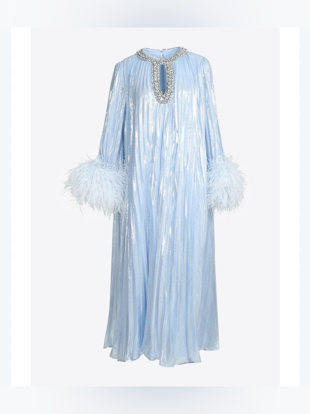 Self-Portrait Pale Blue Metallic Maxi Dress with Feather Cuffs